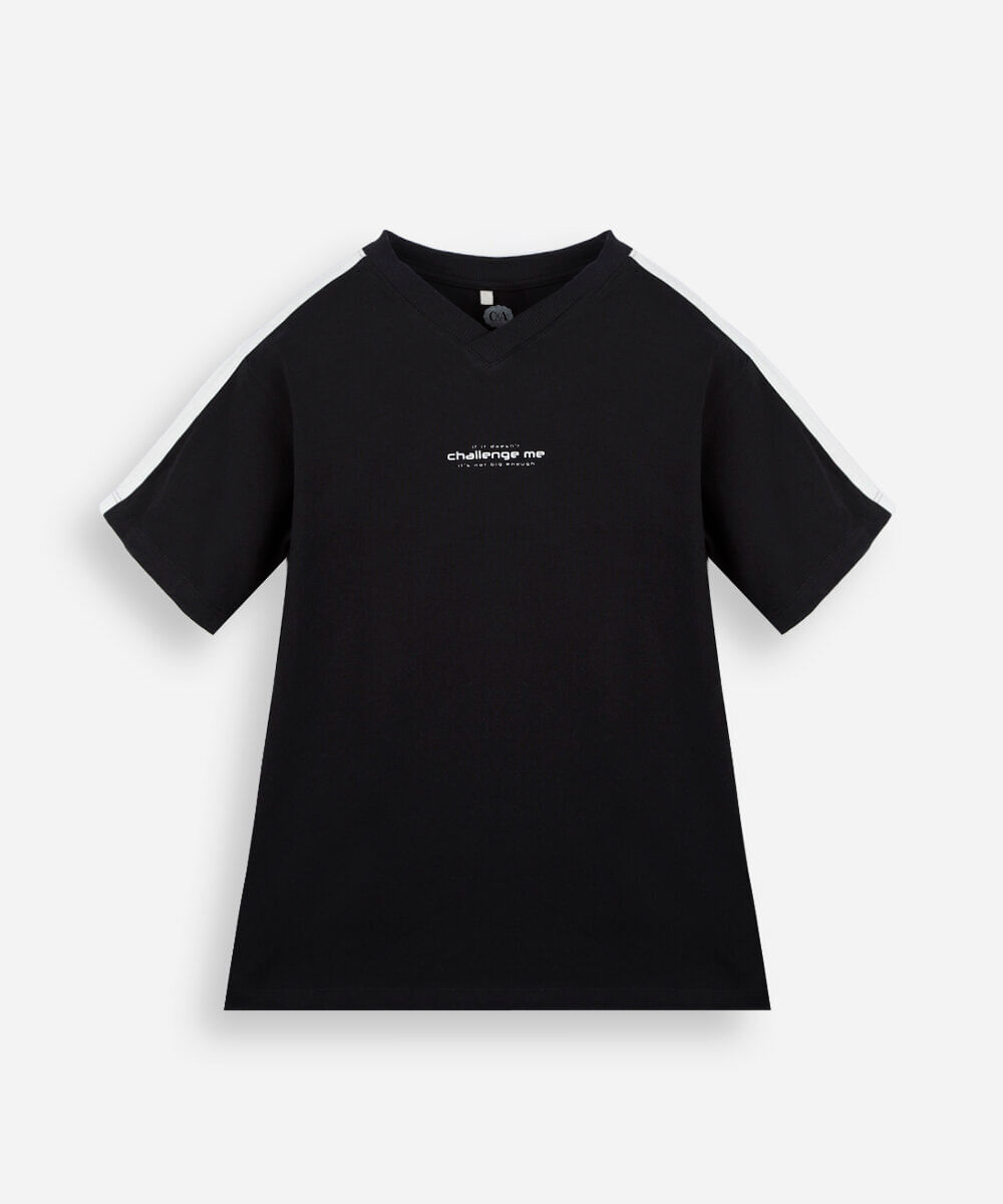 camiseta juvenil de algodão gola v manga curta estampada preta