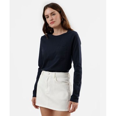 camiseta feminina de algodão com bolso manga longa azul