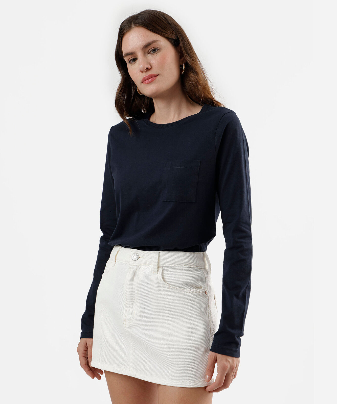 camiseta feminina de algodão com bolso manga longa azul