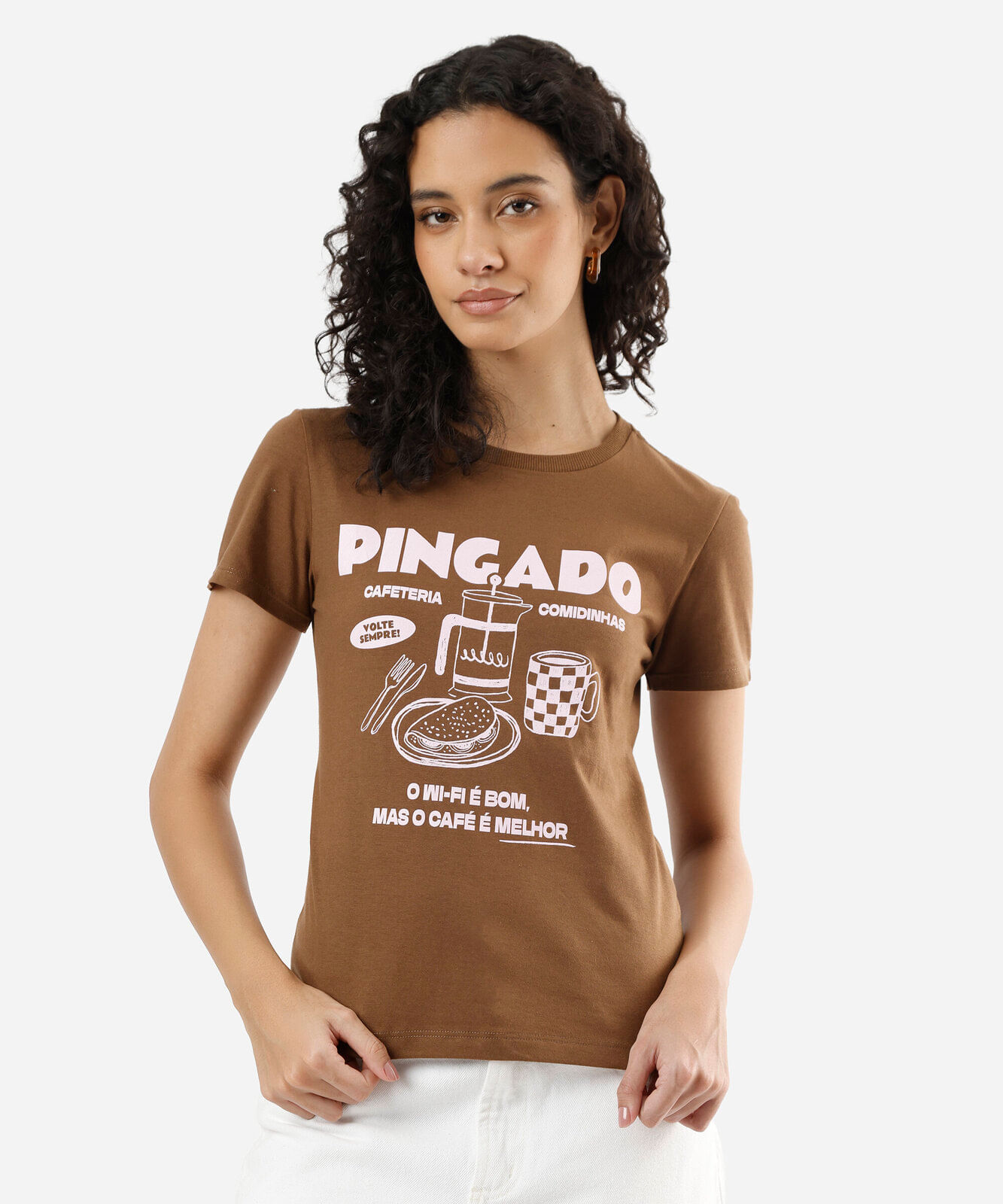 camiseta feminina de algodão manga curta estampada marrom