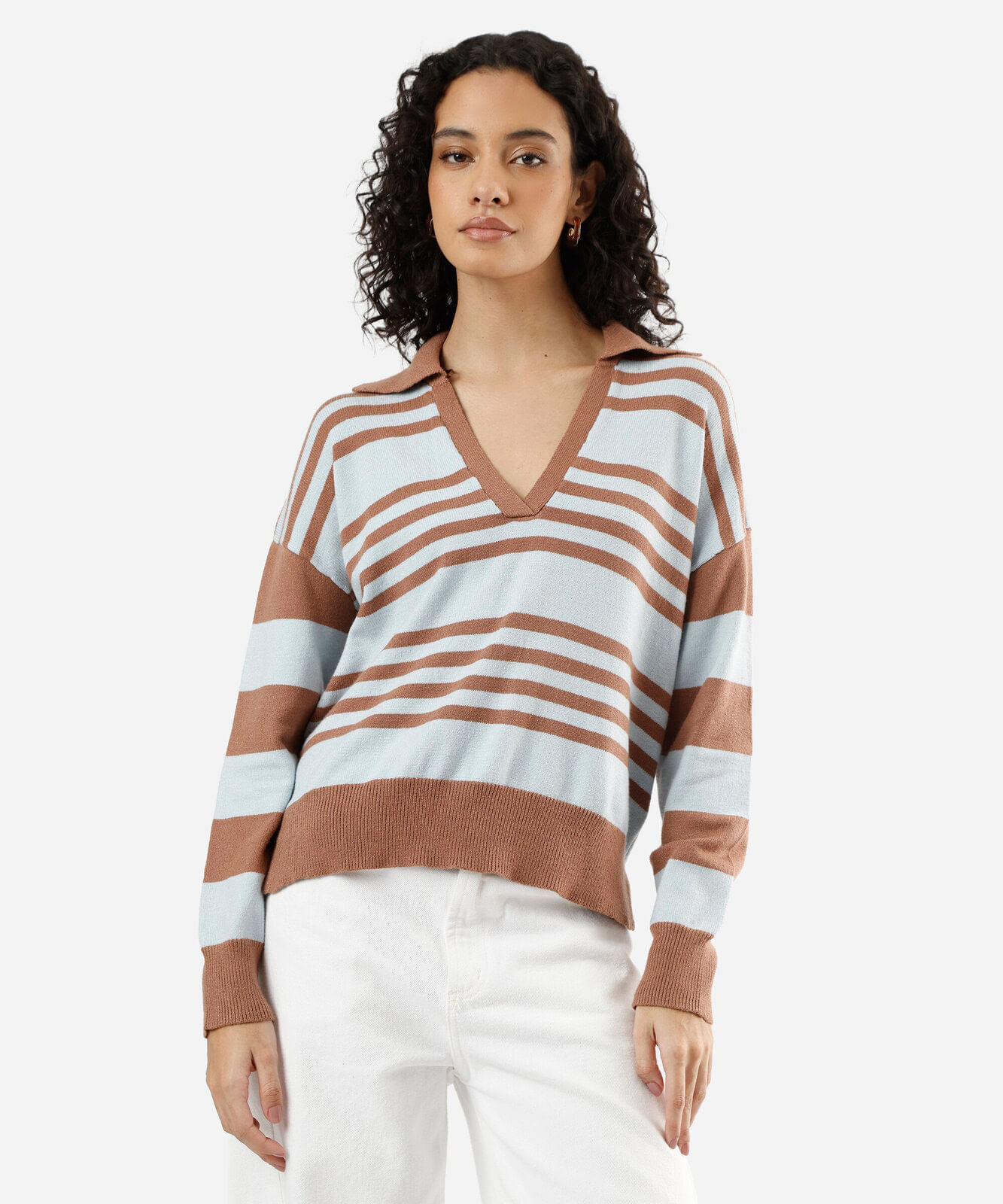 suéter feminino de tricot com gola decote v listrado azul