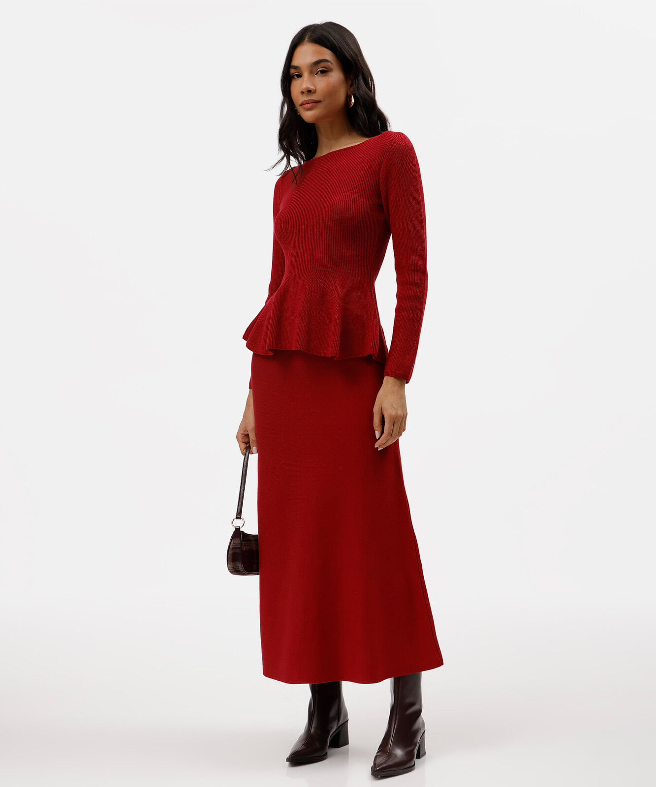 saia midi evasê feminina de tricot cós elástico vermelha