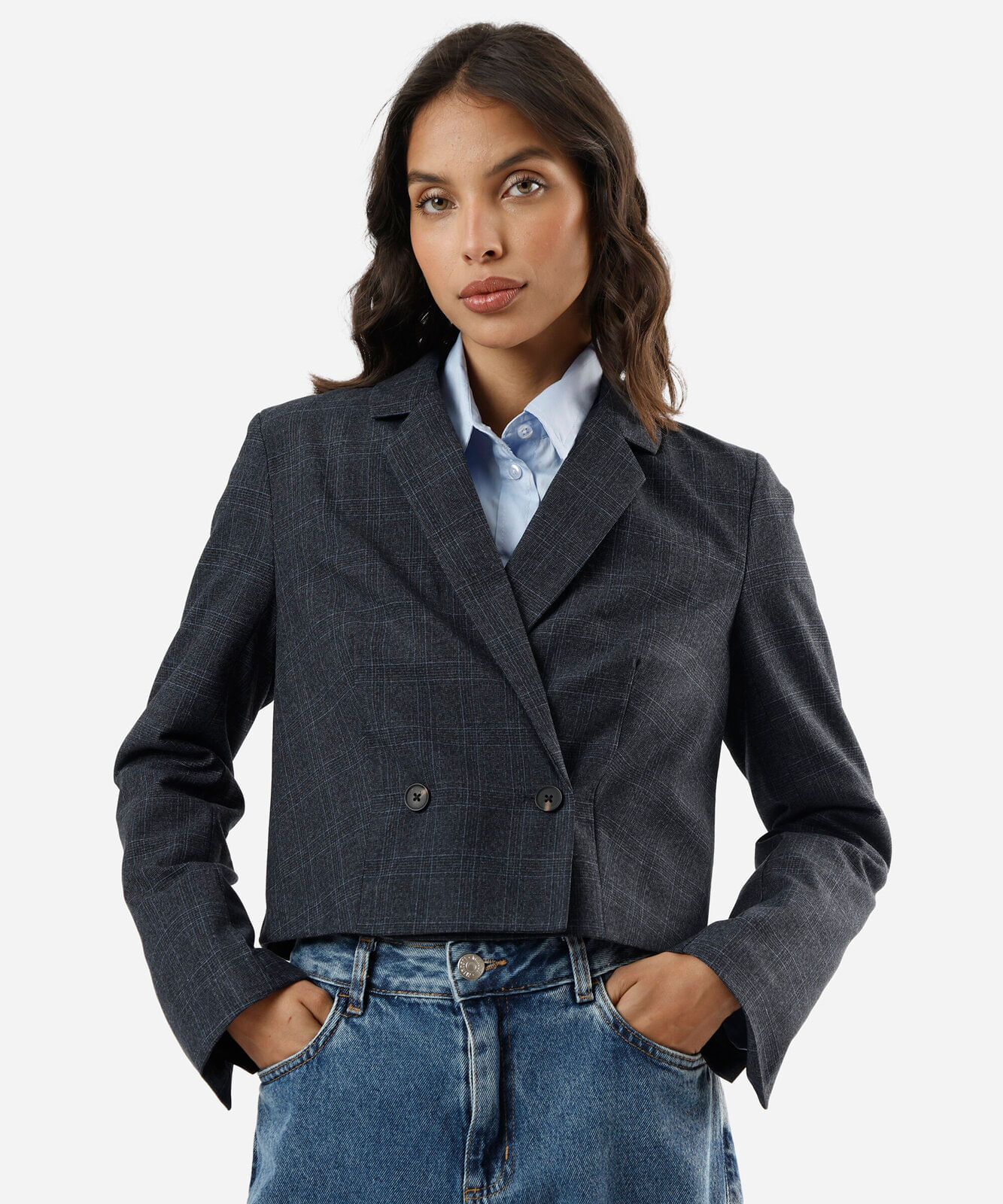blazer de alfaiataria cropped feminino xadrez azul
