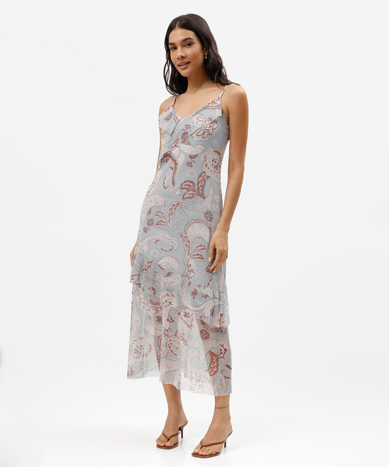 vestido midi alça fina feminino de tule com babado e fenda paisley azul