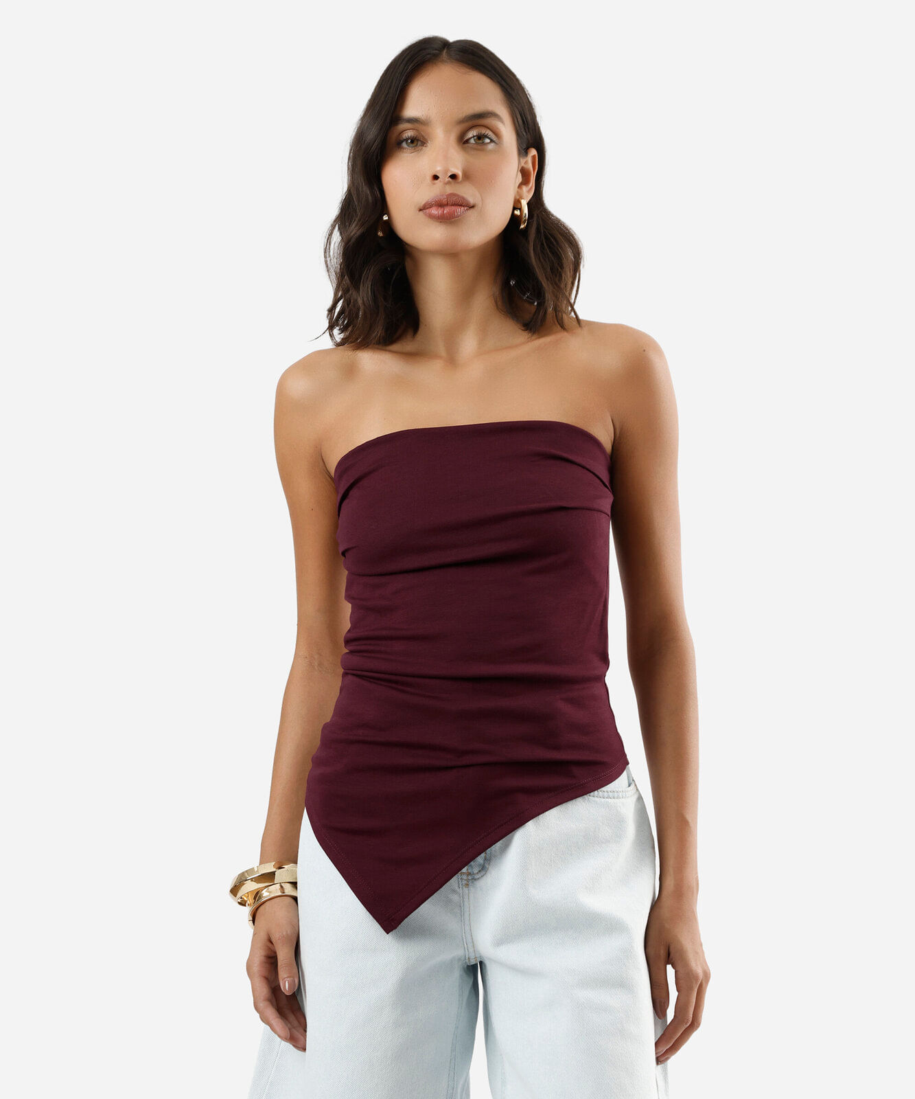 blusa sem alça feminina com viscose franzida vinho