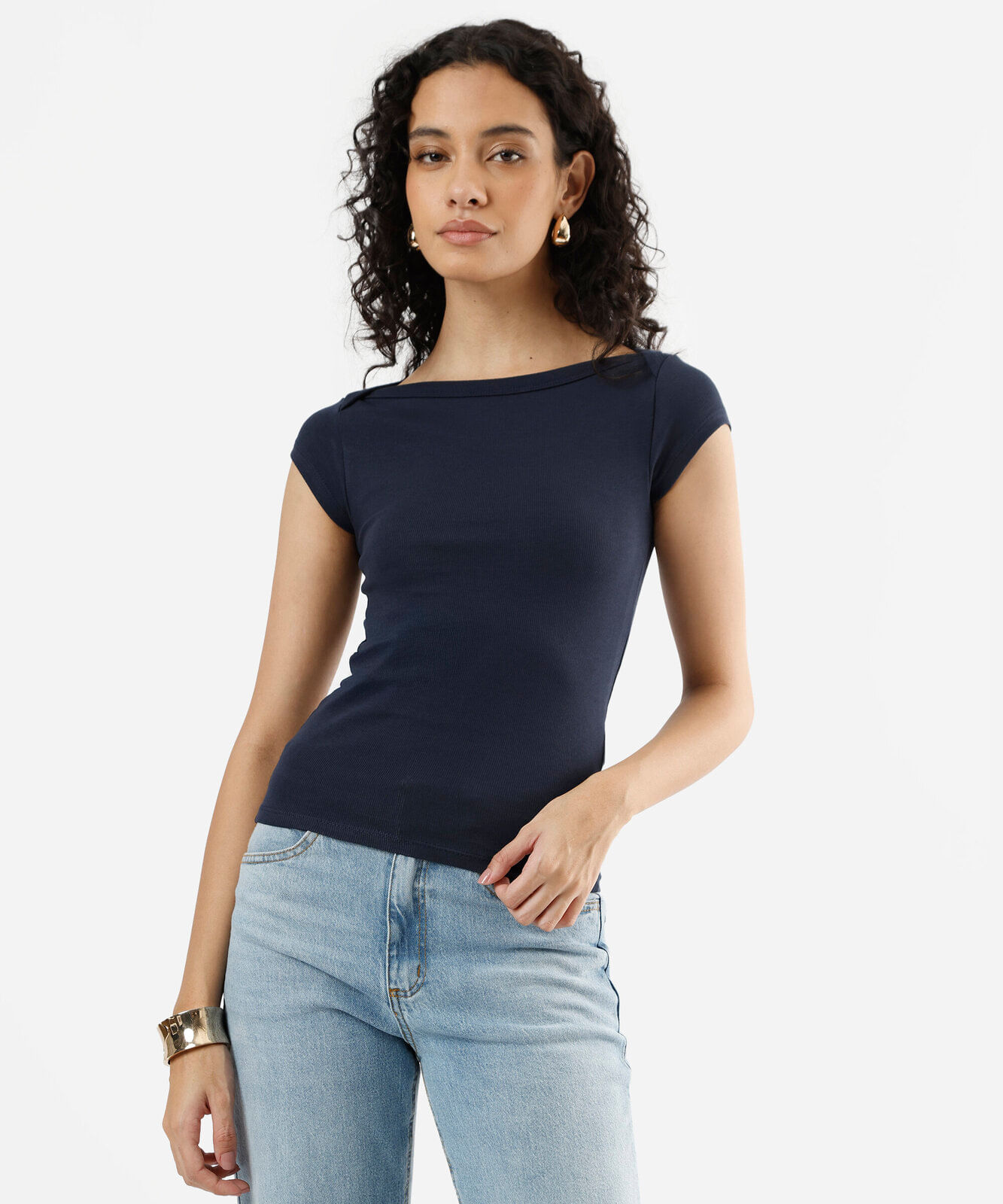 blusa feminina de algodão decote canoa canelado azul