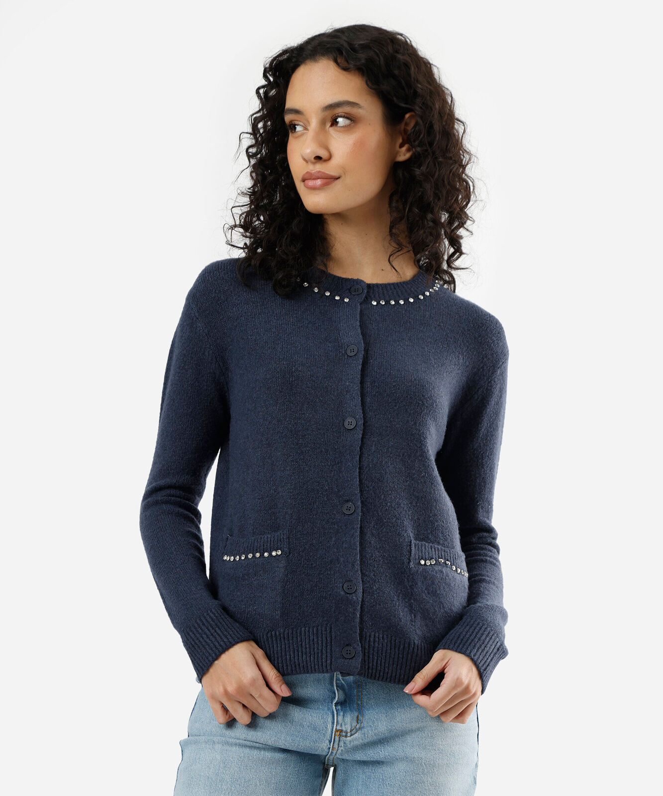 cardigan feminino tricot com brilhos azul