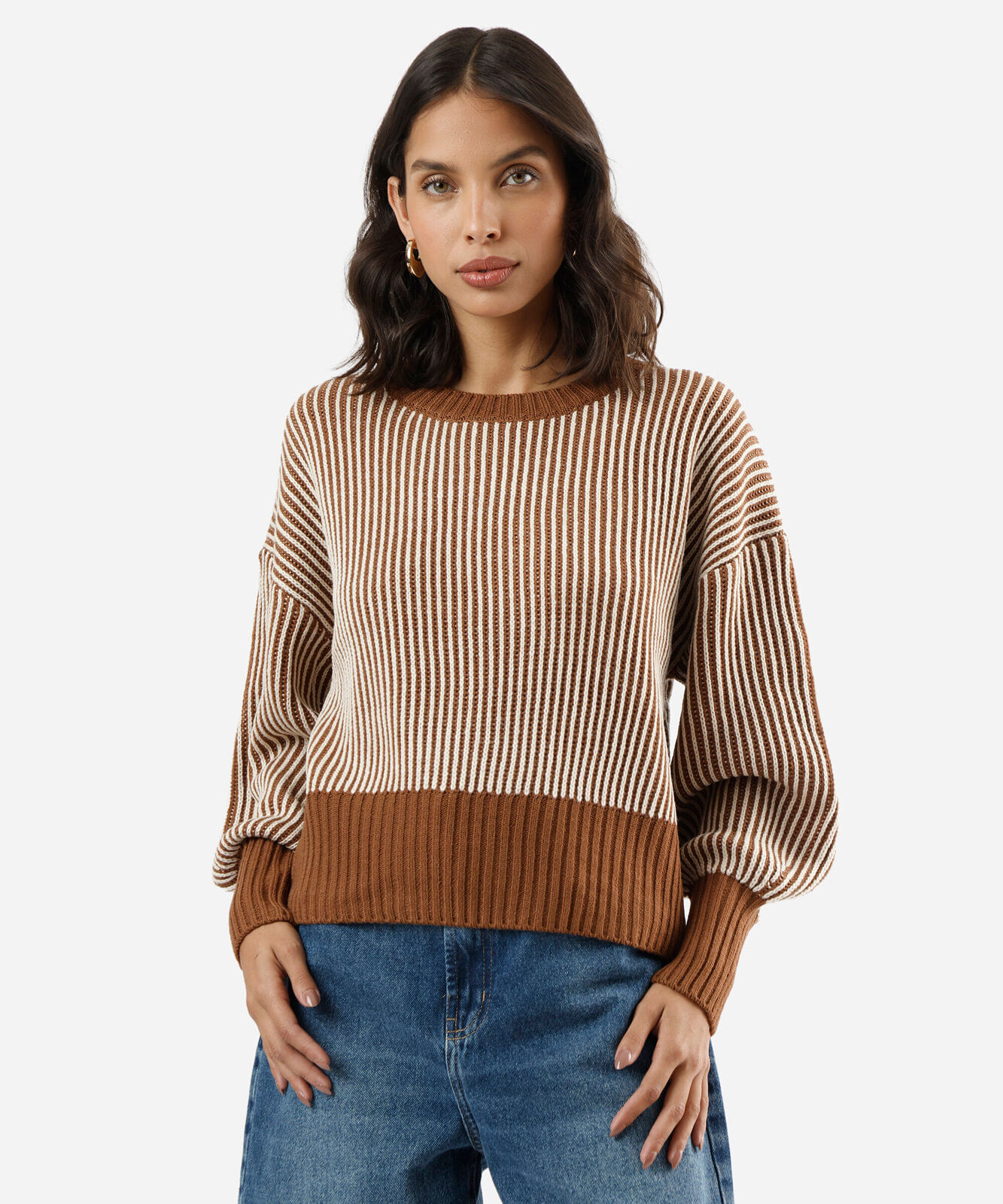 suéter feminino de tricot manga bufante listrado marrom