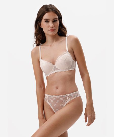 calcinha fio dental feminina com bordado floral bege P
