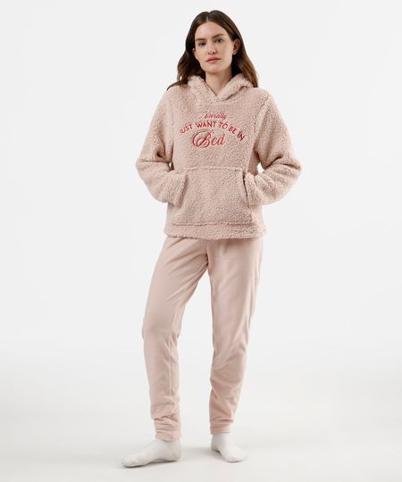 pijama longo feminino com bordado e capuz rosa PP