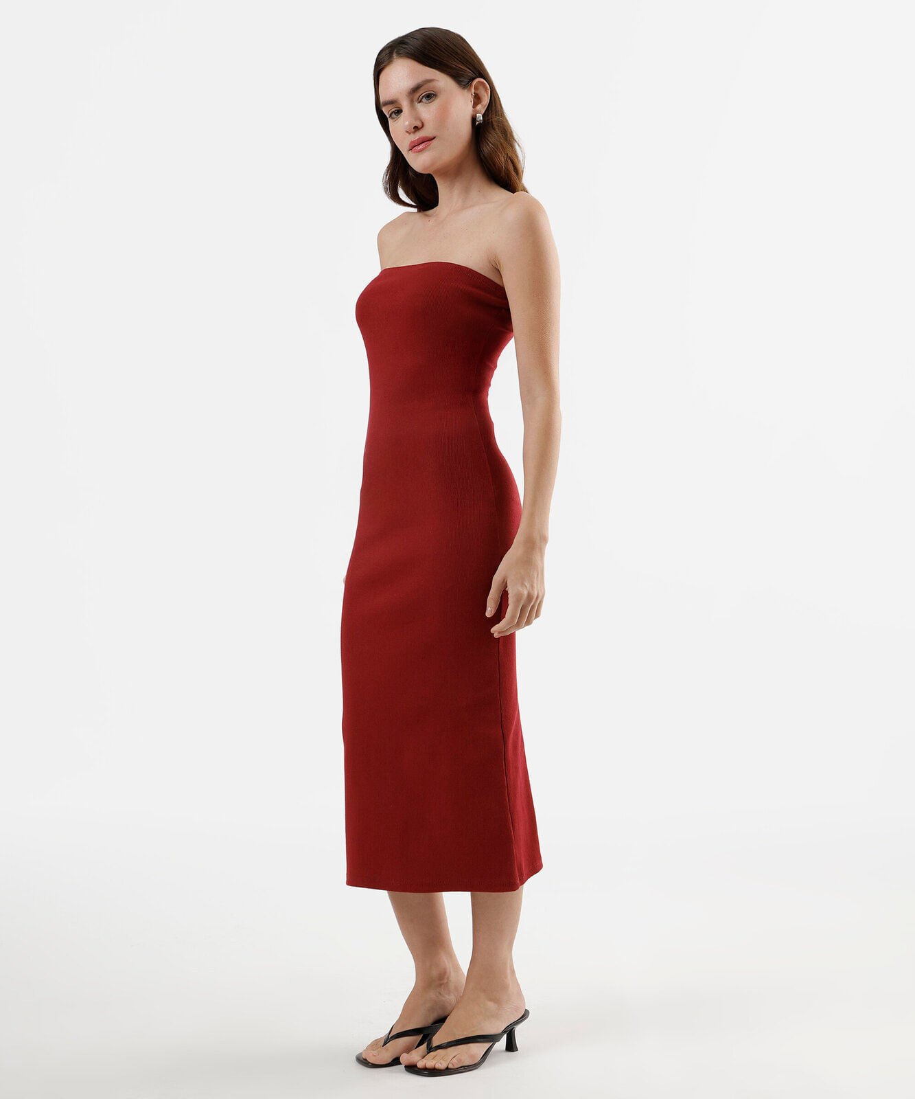 vestido midi sem alça canelado feminino de algodão vermelho