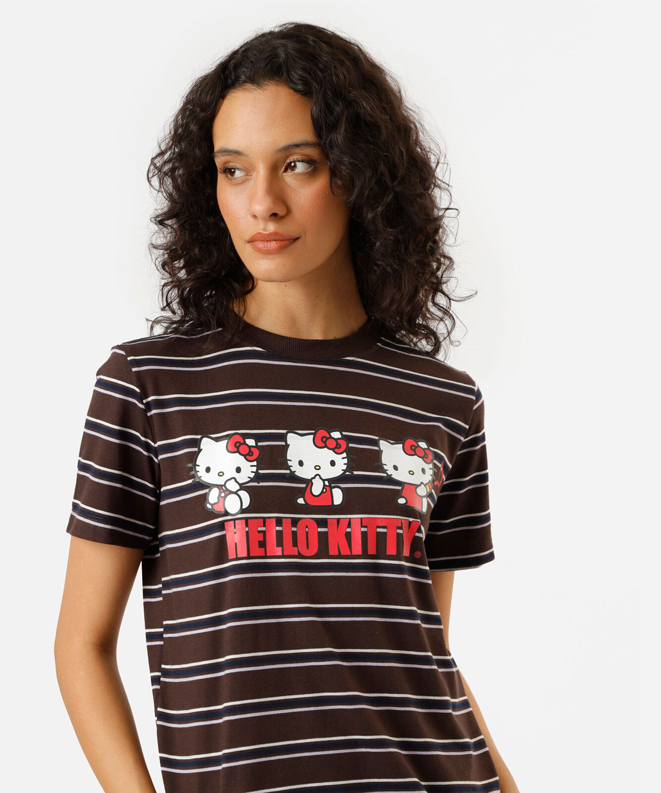 camiseta feminina com algodão hello kitty listrada marrom
