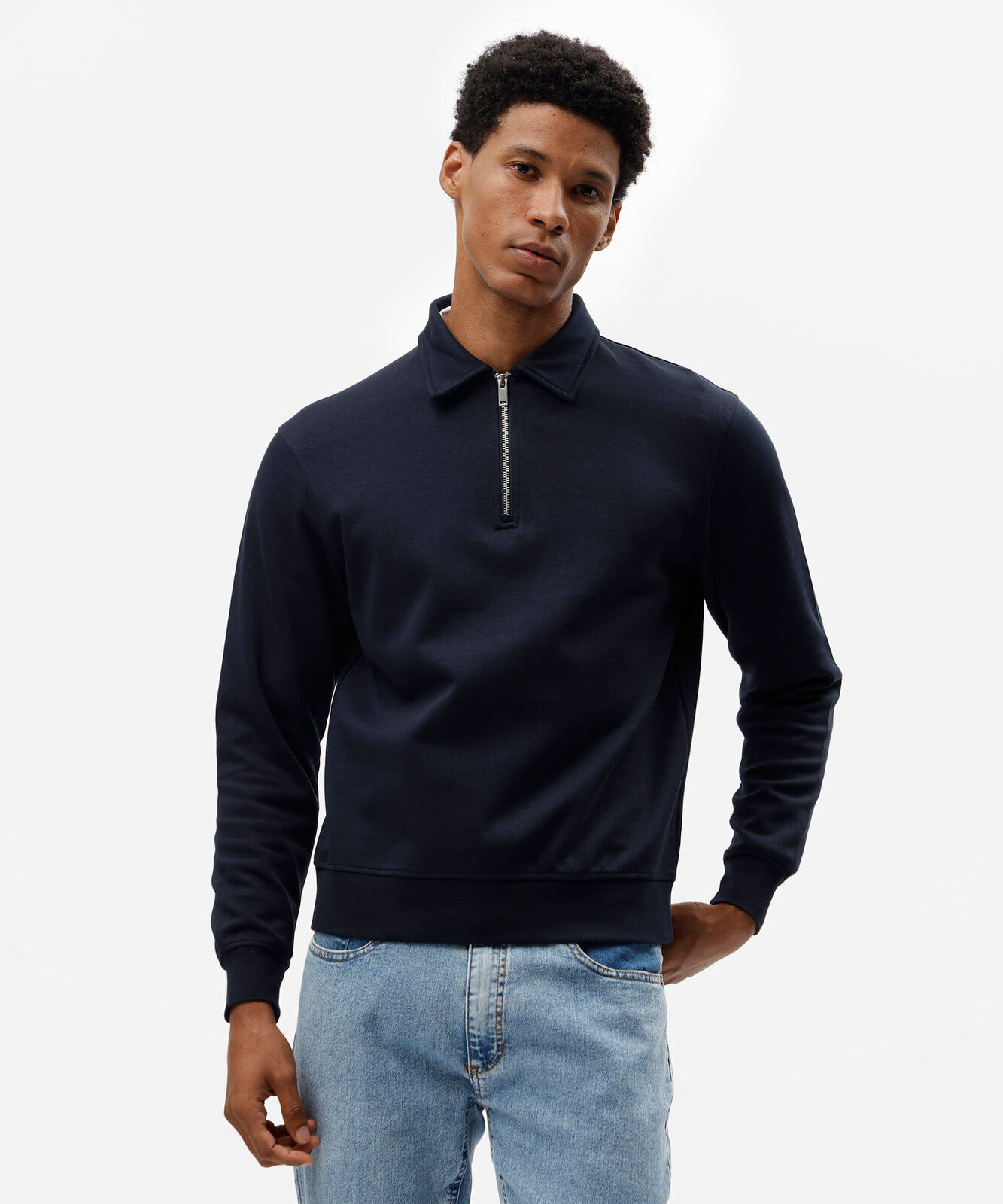 blusão polo masculino de moletom com zíper azul