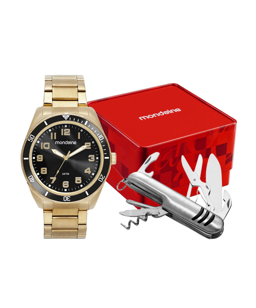 kit relógio masculino mondaine analógico 32656gpmvde3kb dourado