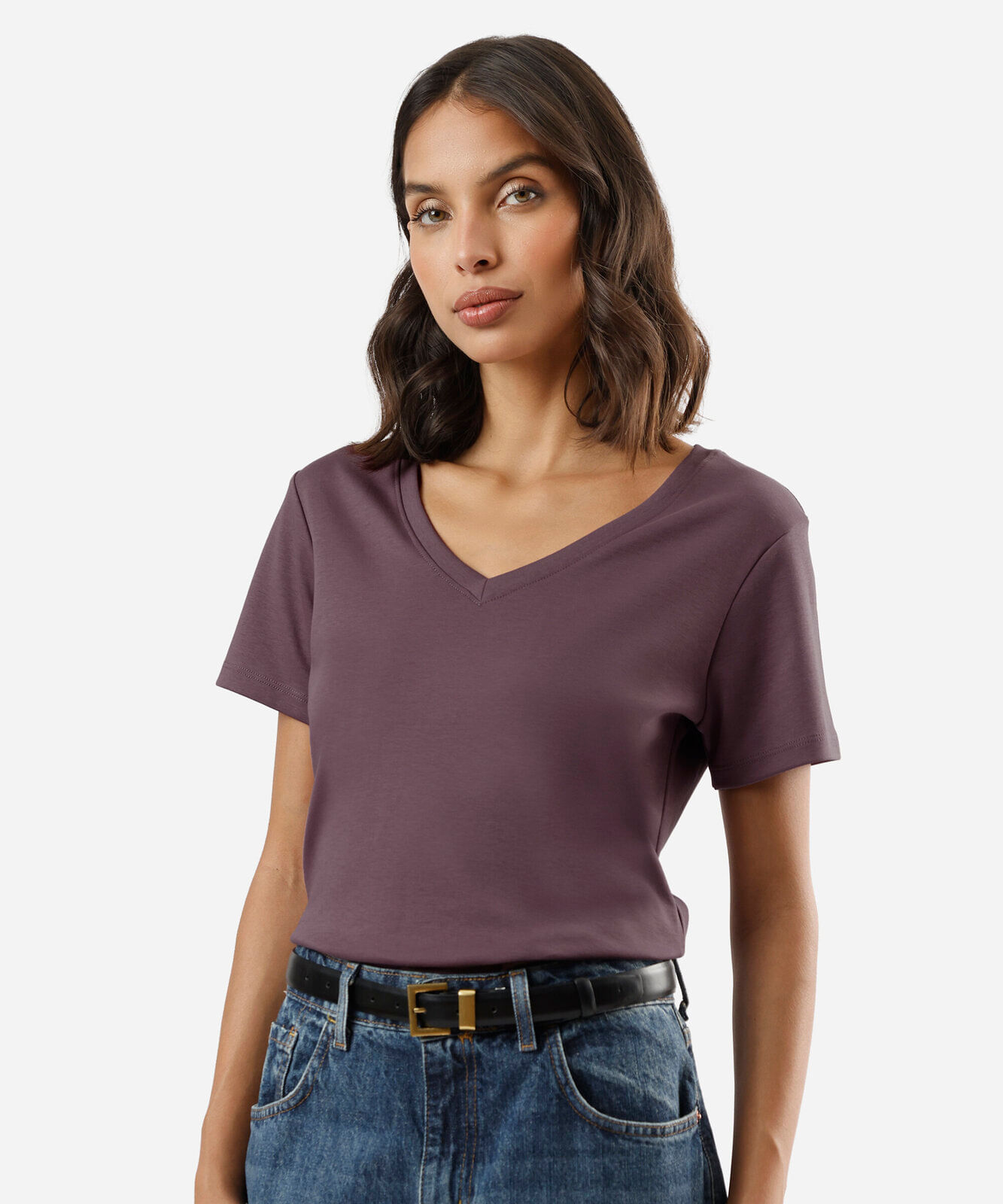 camiseta slim feminina de algodão peruano decote v manga curta roxa