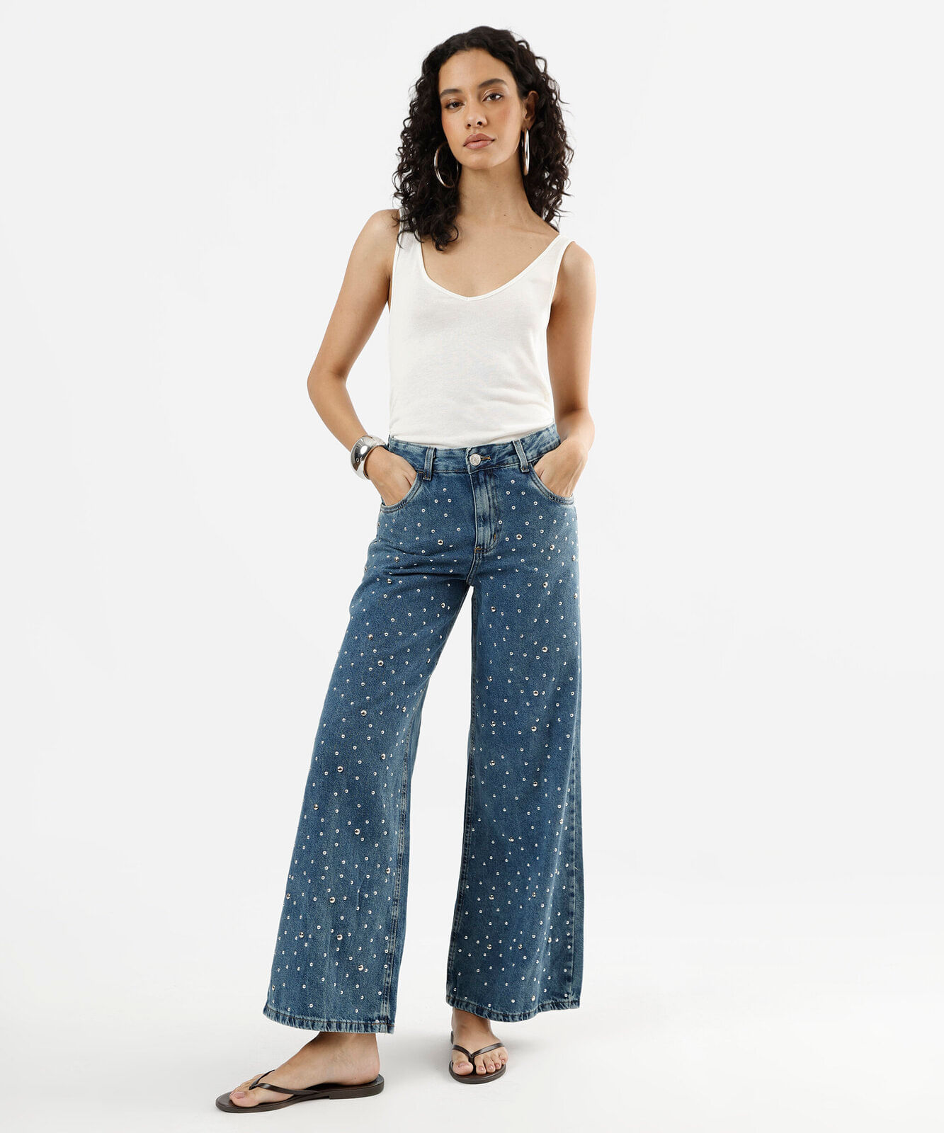 calça wide leg feminina jeans com tachas cintura média azul