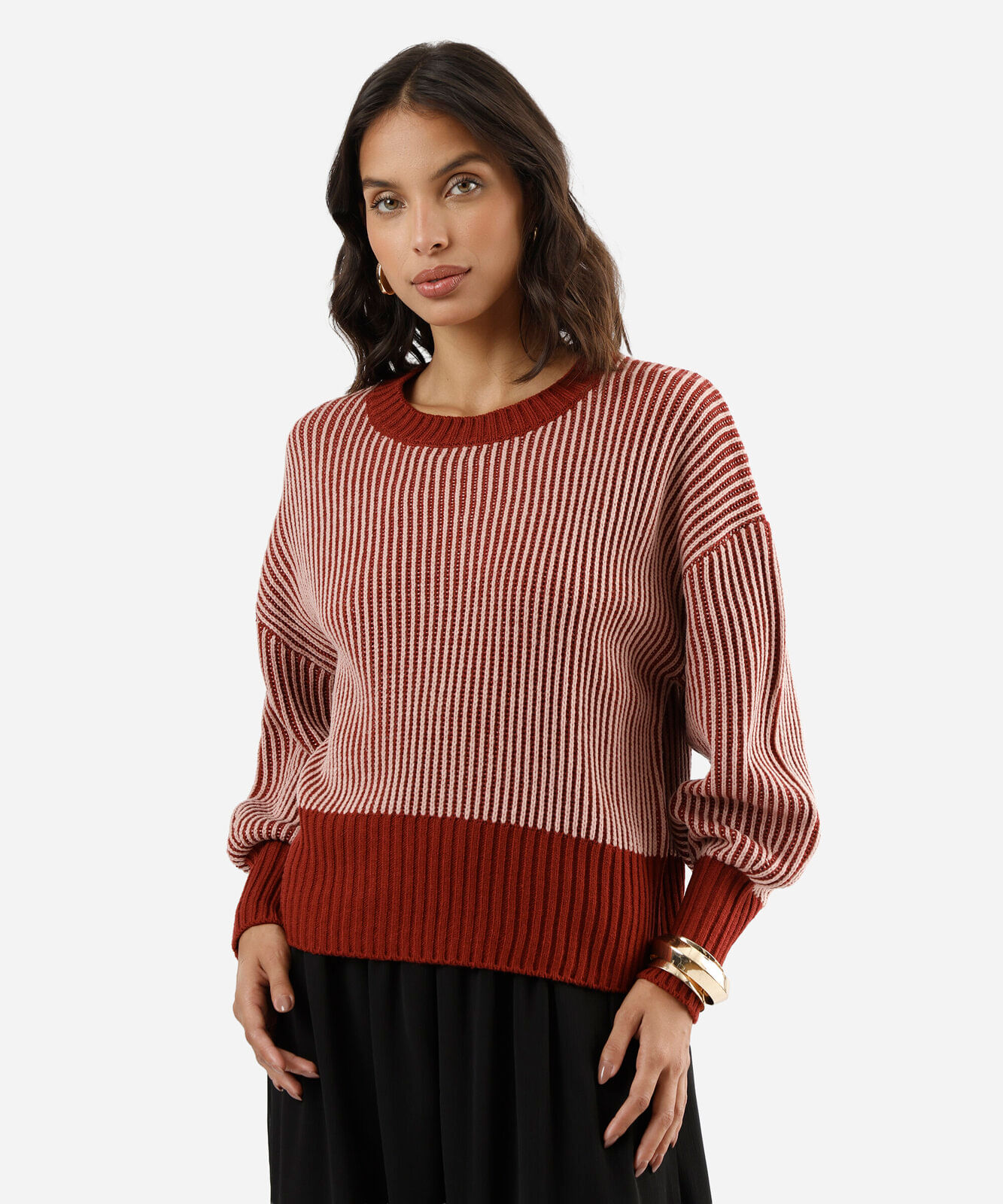 suéter feminino de tricot manga bufante listrado vinho