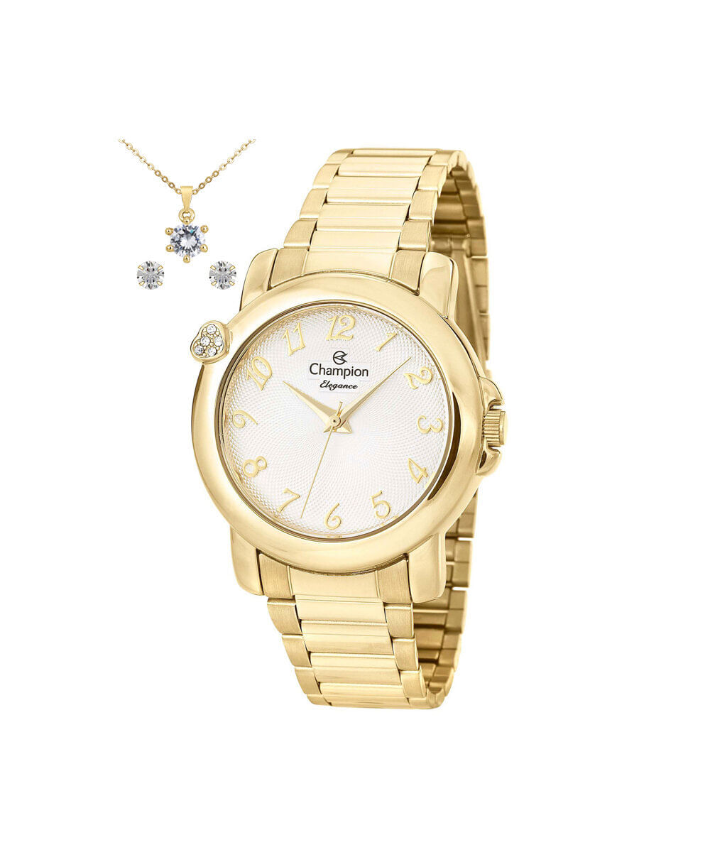 kit relógio feminino champion analógico cn26626w dourado