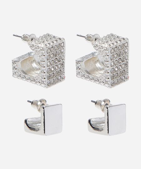 kit de 2 brincos argola com brilhos prateado UNICO