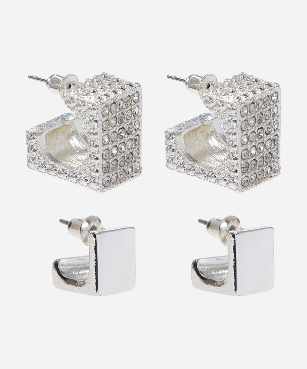 kit de 2 brincos argola com brilhos prateado