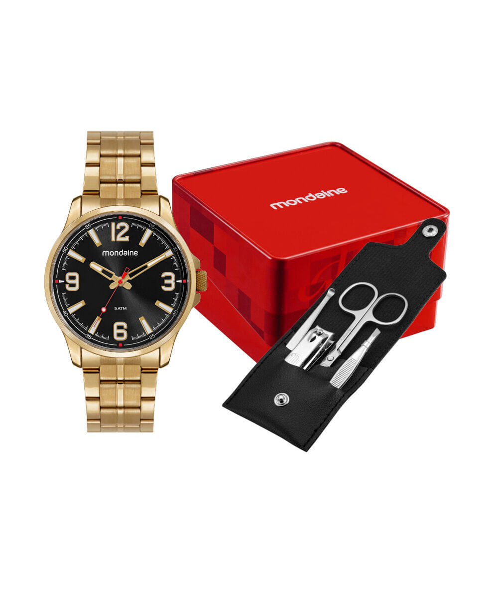 kit relógio masculino mondaine analógico 33037gpmvde2ka dourado