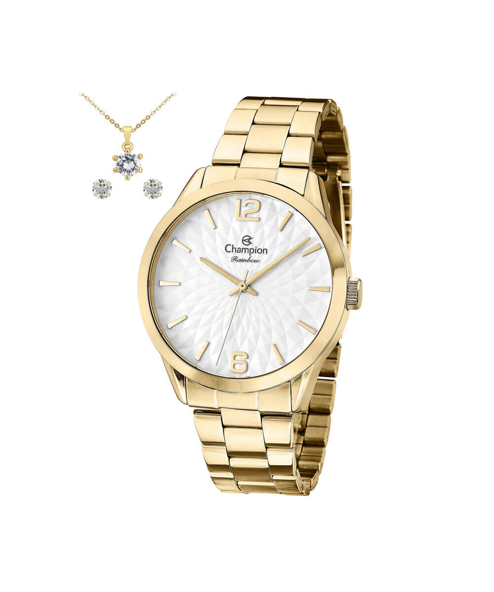 kit relógio feminino champion analógico cn24708w dourado