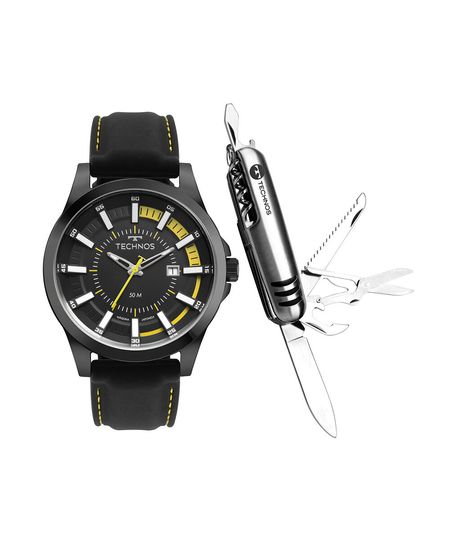 kit relógio masculino technos analógico 2117lfj k0p preto UNICO
