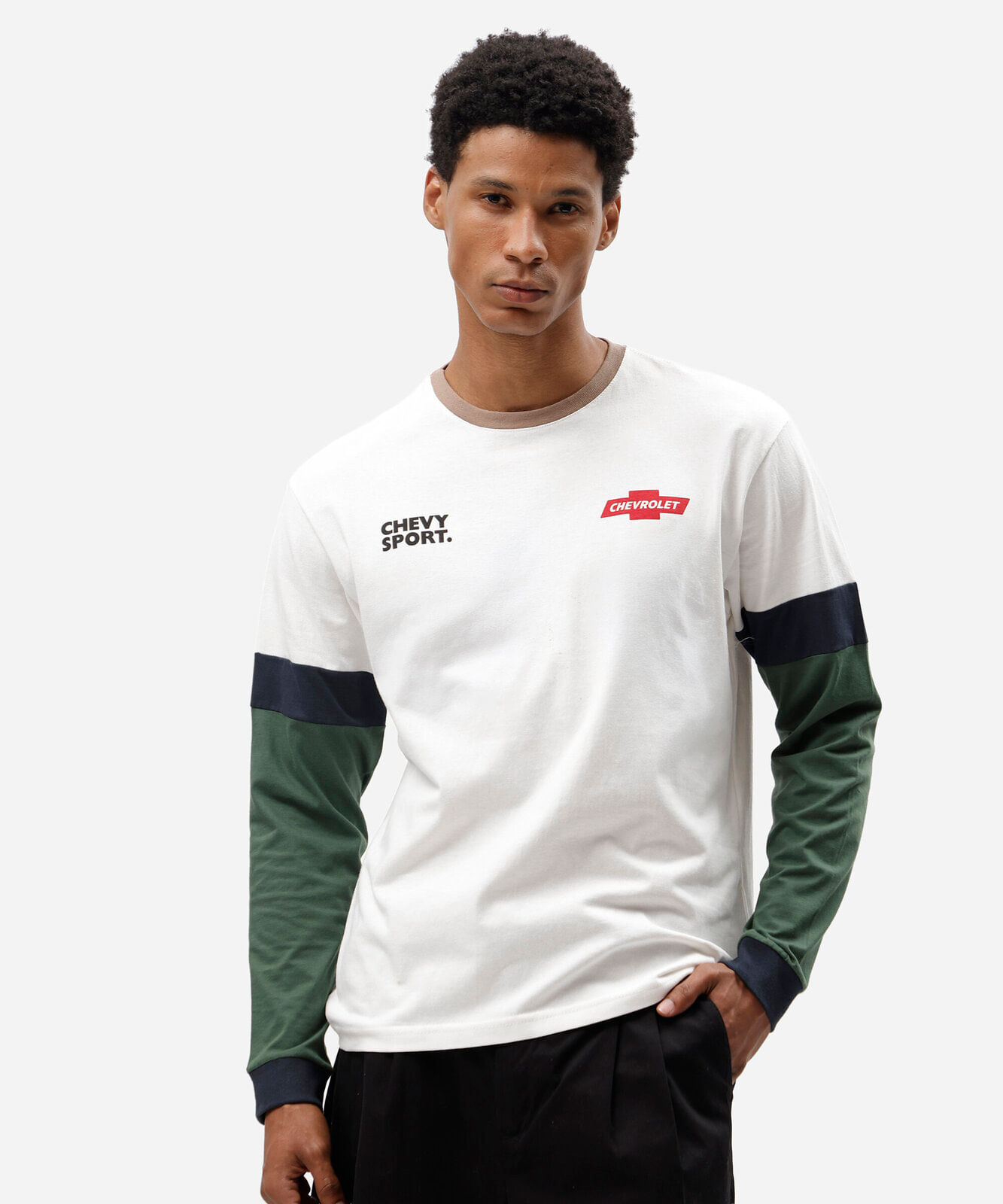 camiseta masculina de algodão manga longa chevrolet off white
