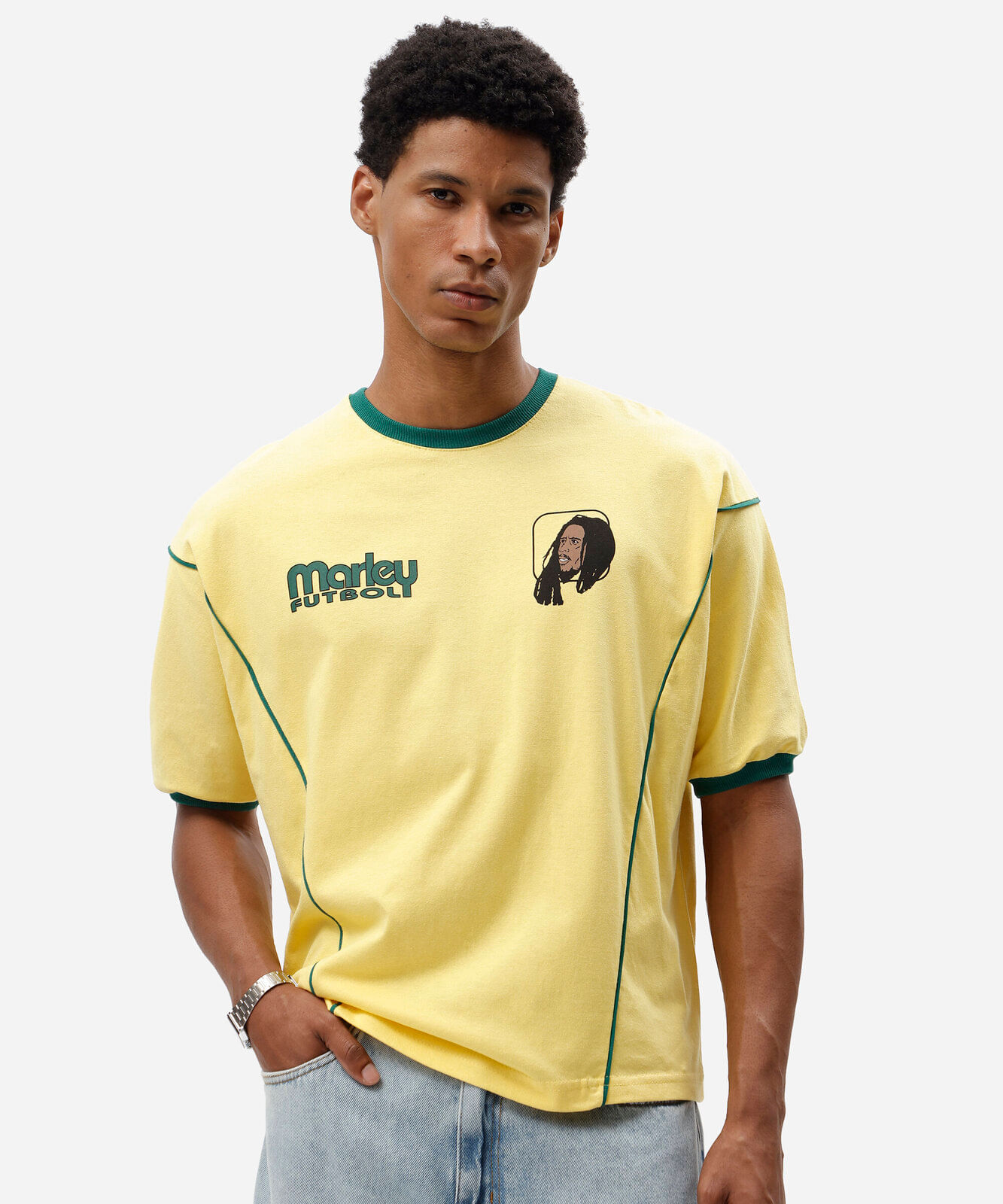 camiseta box fit masculina de algodão manga curta bob marley amarela
