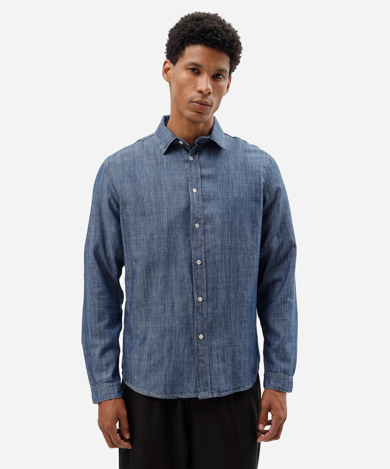 camisa masculina jeans manga longa azul