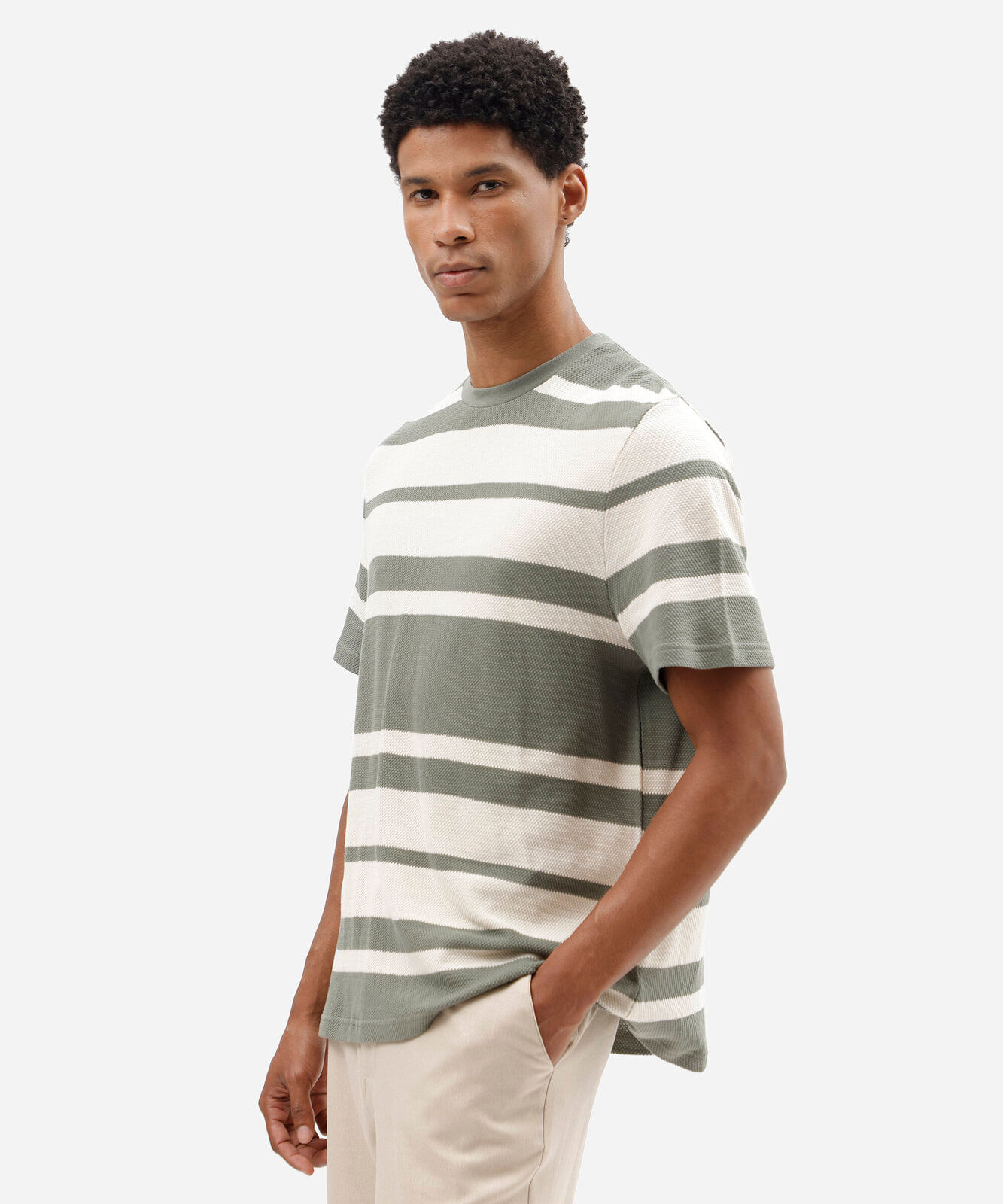 camiseta masculina de algodão manga curta texturizada listrada verde