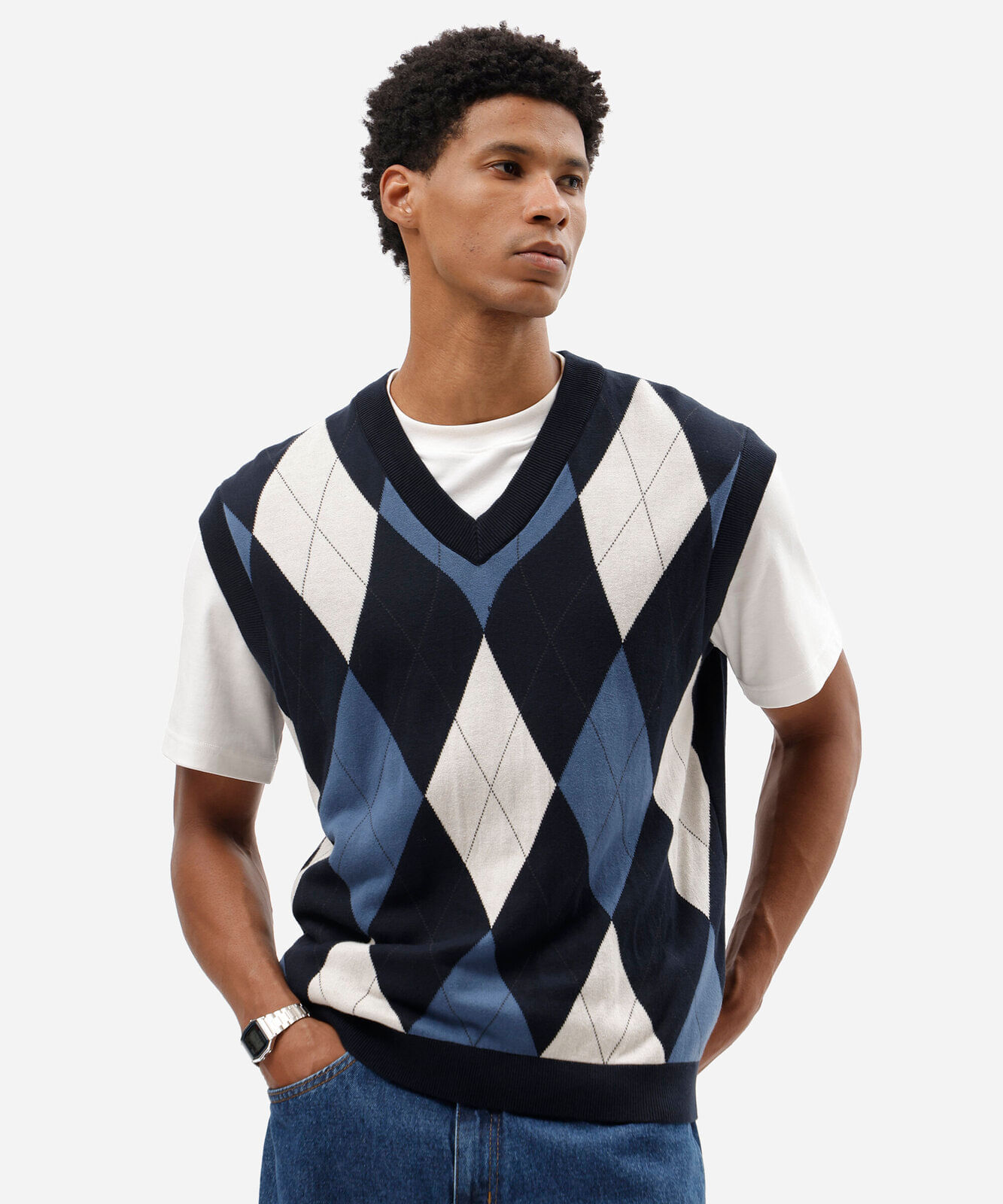 colete masculino de tricot xadrez argyle azul