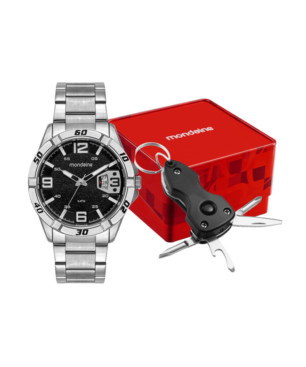 kit relógio masculino mondaine analógico calendário 33029g0mvne3ka prateado