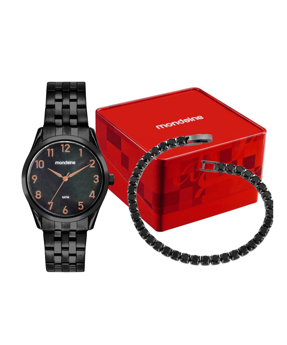 kit relógio feminino mondaine analógico 99889lpmvpe4ka preto