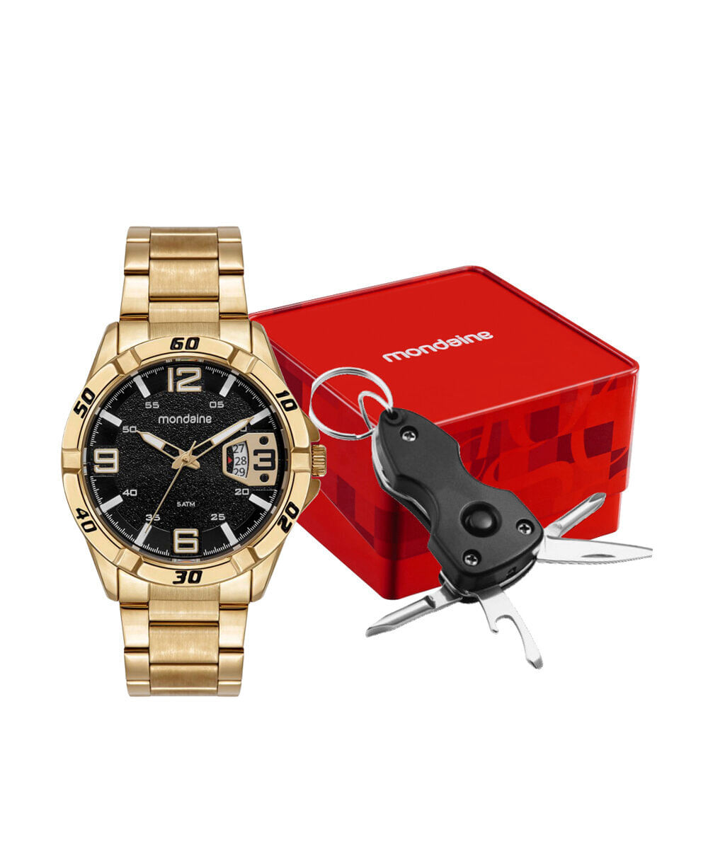 kit relógio masculino mondaine analógico calendário 33029gpmvde1ka dourado