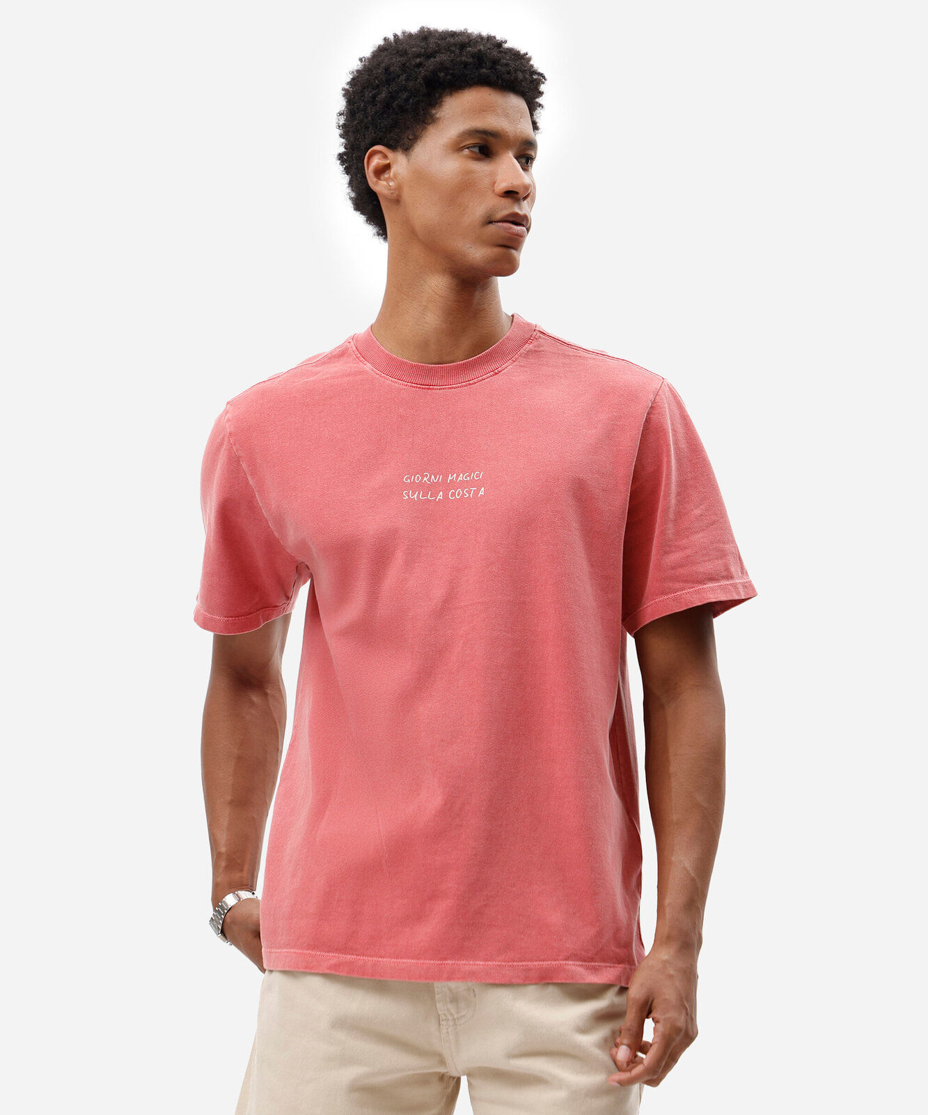 camiseta masculina de algodão manga curta estampada estonada rosa