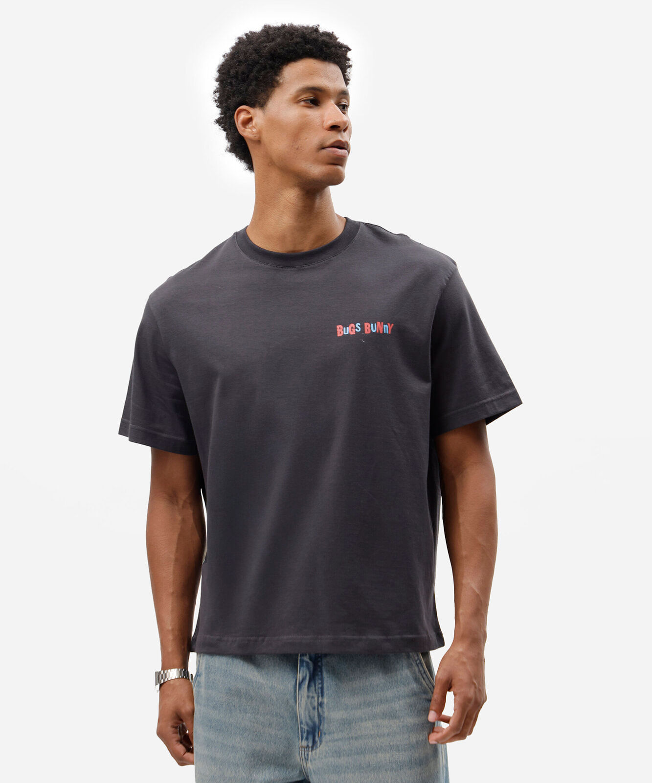 camiseta box fit masculina de algodão manga curta pernalonga looney tunes cinza