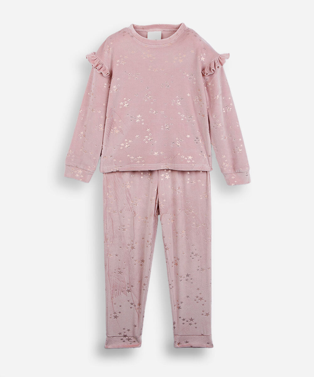 pijama longo infantil de plush com babado estampado rosa
