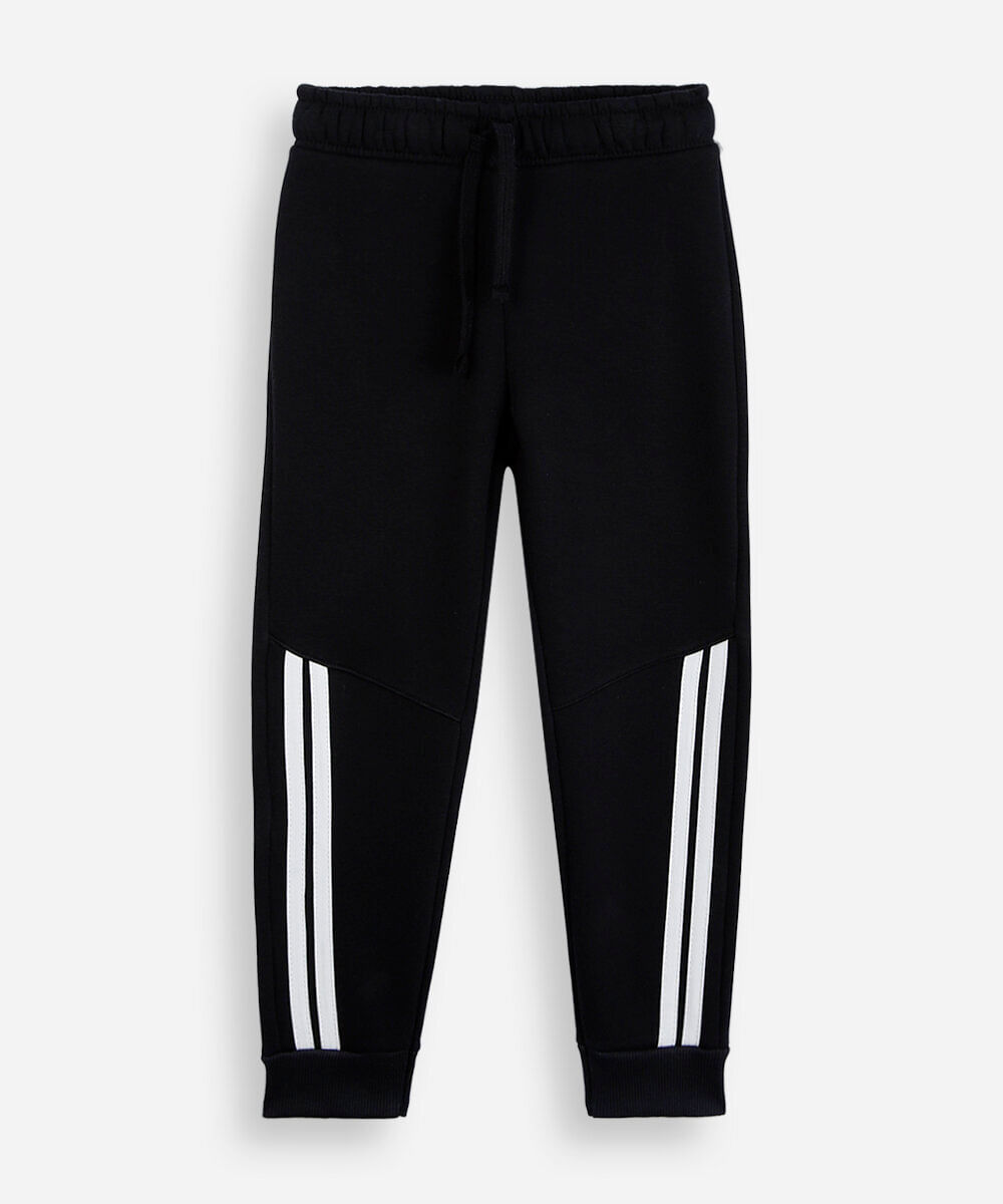 calça jogger infantil de moletom com recortes e listras preta