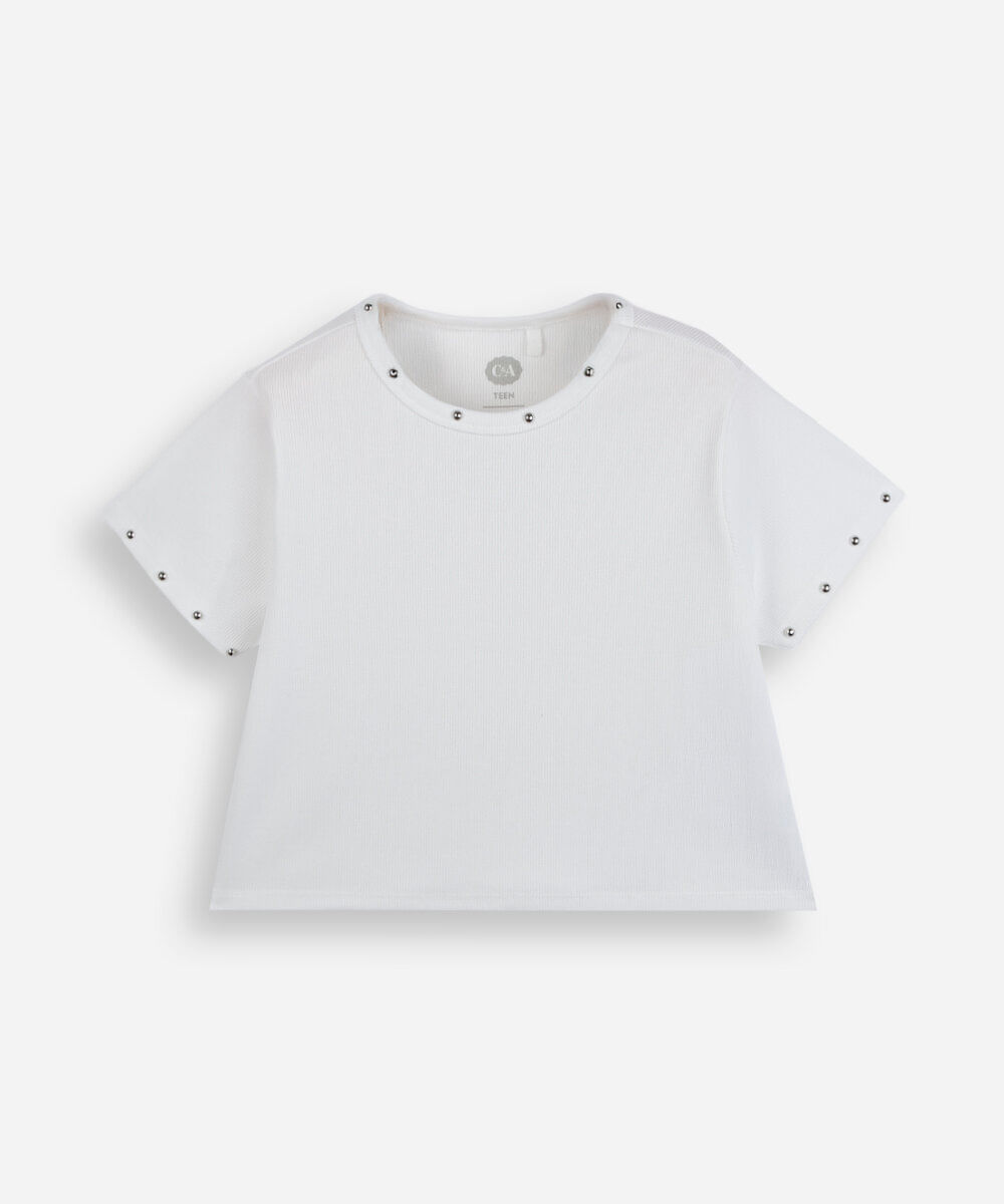 blusa baby look juvenil manga curta com tachas off white