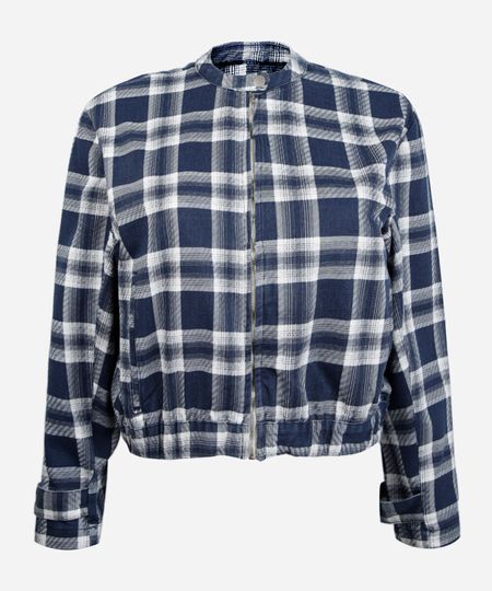 jaqueta feminina de sarja xadrez mindset plus size azul GG2