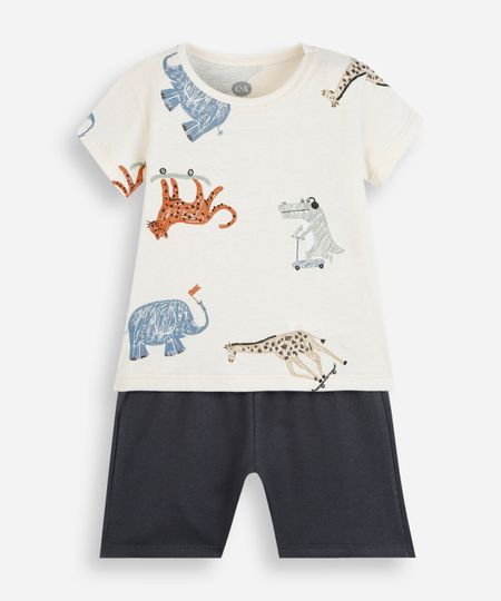 conjunto curto infantil de algodão estampado bege 3
