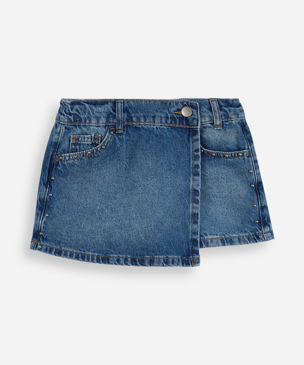 short saia transpassado infantil jeans com tachas azul