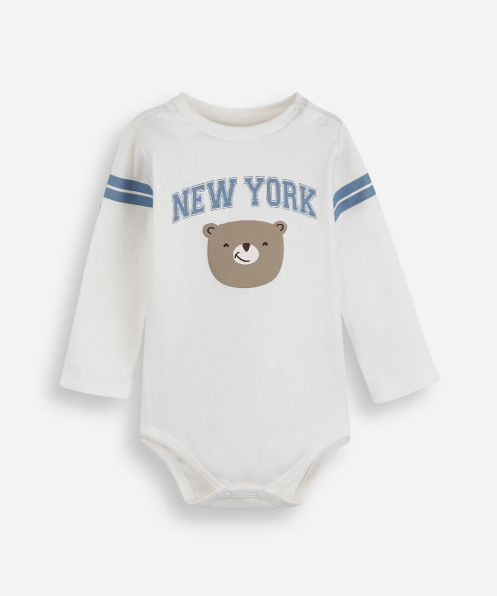 body infantil de algodão manga longa ursinho off white