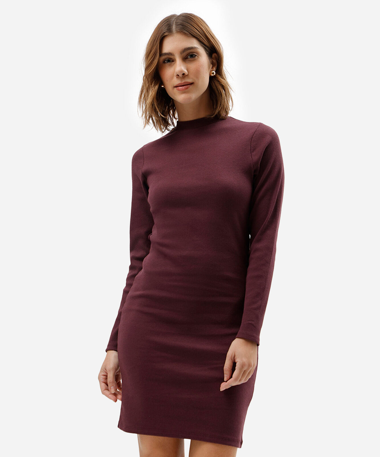 vestido curto feminino de algodão manga longa canelado vinho