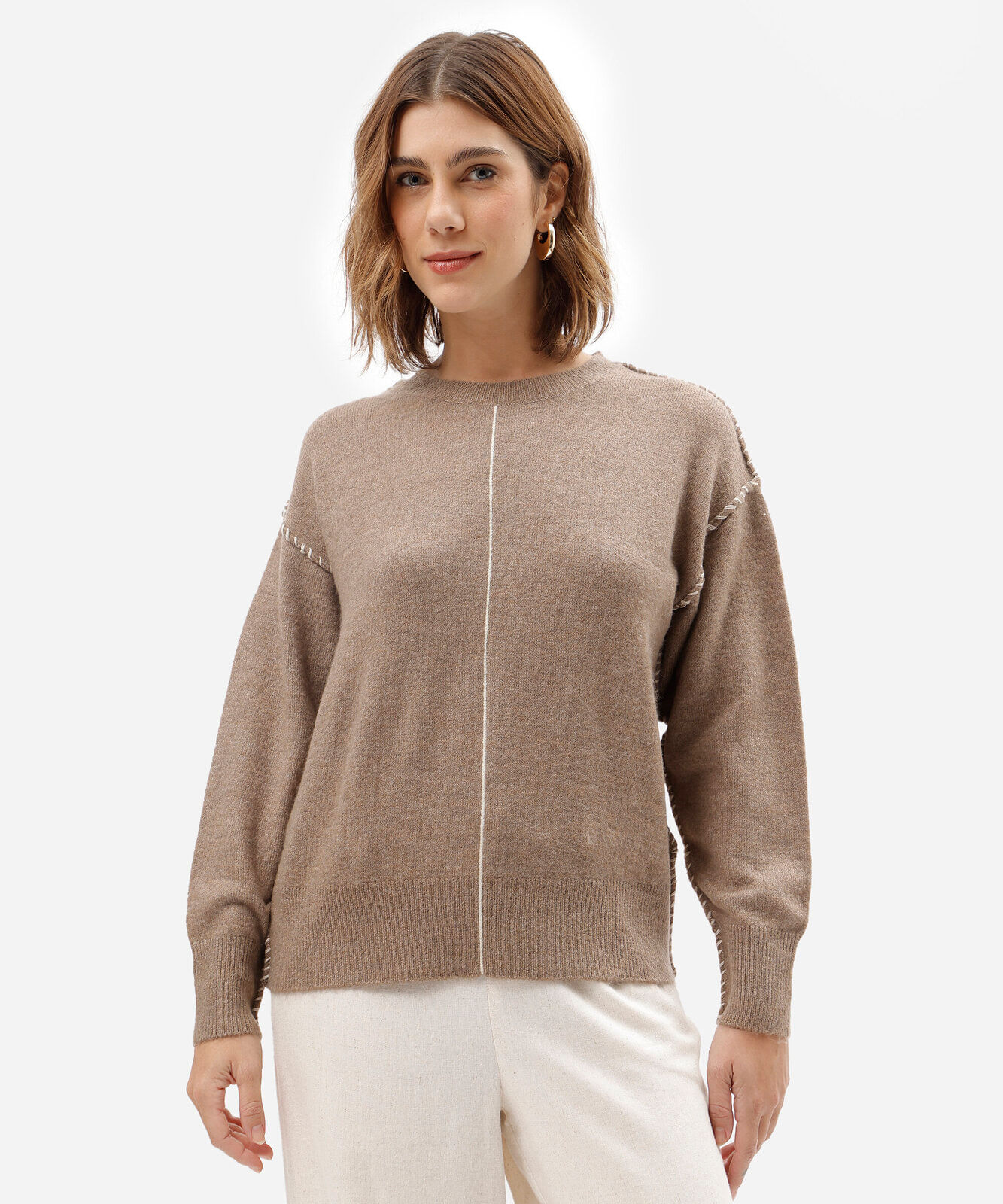suéter feminino de tricot com bordado cinza