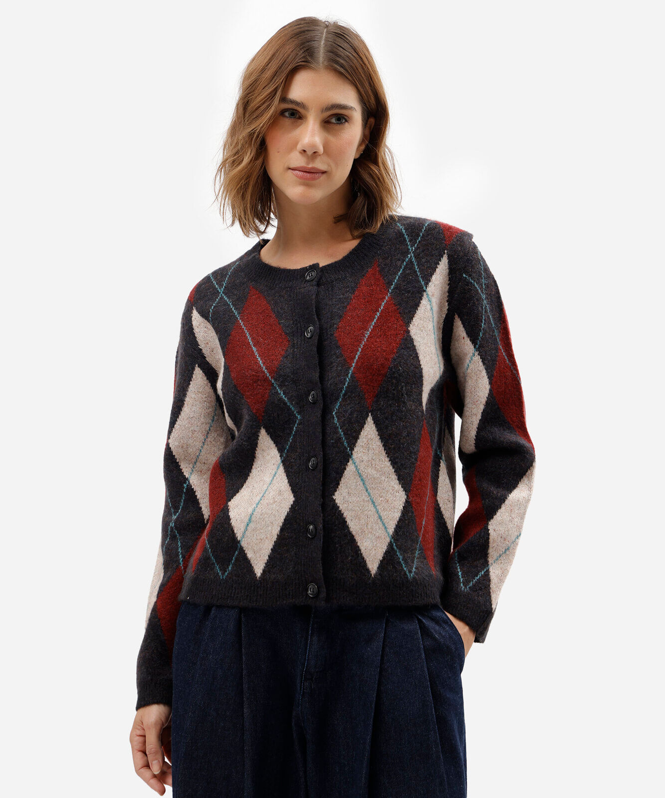 cardigan feminino de tricot xadrez argyle azul