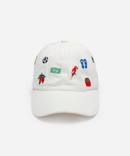 boné aba curva de sarja com bordados branco UNICO