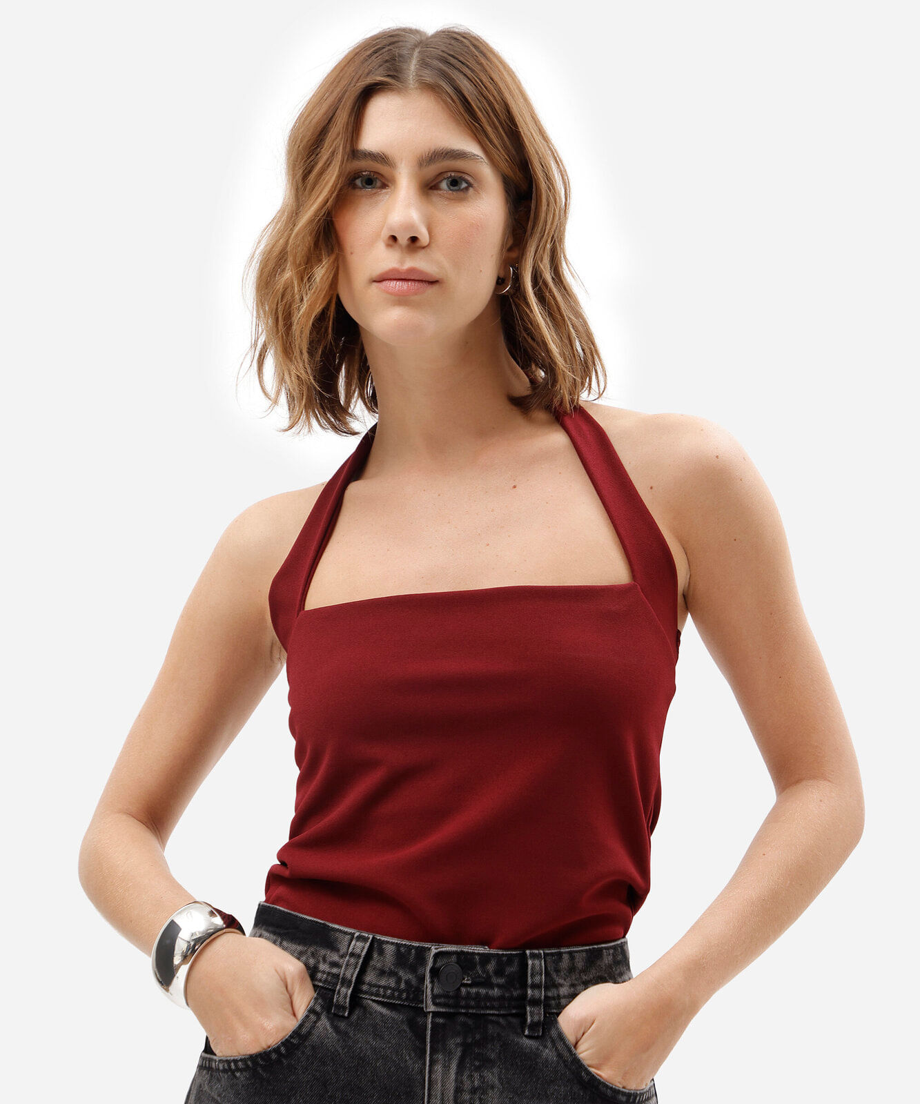 blusa frente única feminina decote quadrado vinho