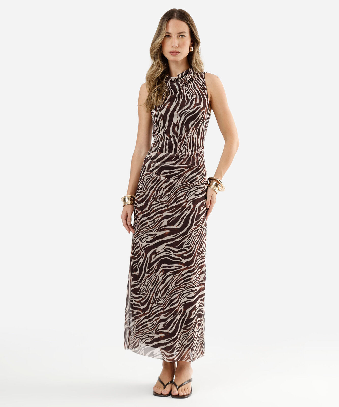 vestido midi feminino de tule com pregas animal print bege